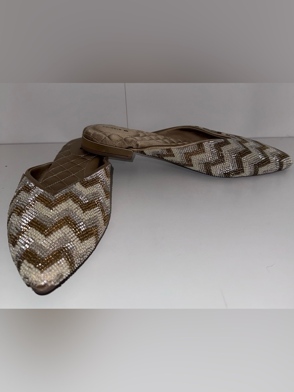 Birdies Zigzag Beaded Mules in Taupe and Ivory